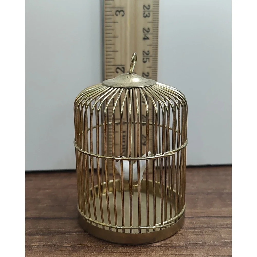 Vintage Brass Metal Doll house Bird Cage Bird Inside Miniature Diorama B14